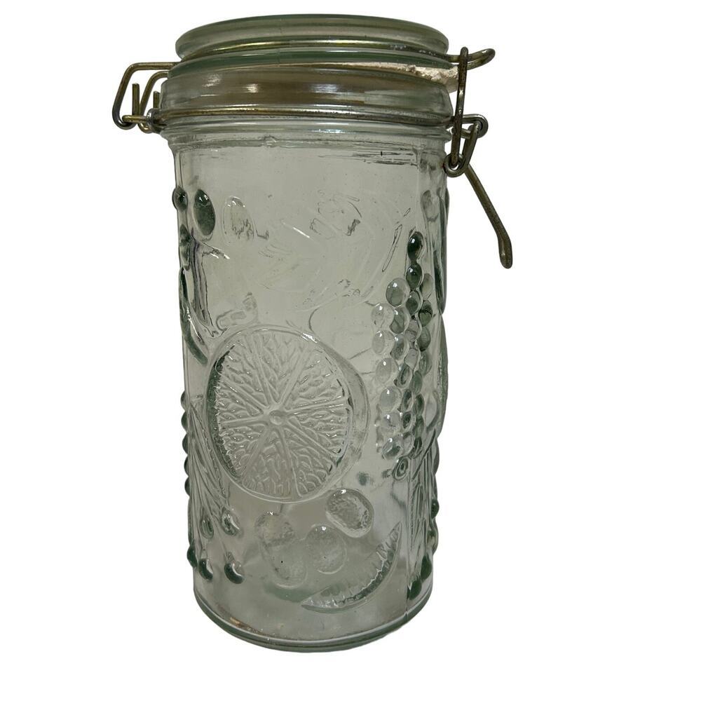 Vintage Fruit Embossed Clear Glass Canister with Flip Top 8" tall Collectable - Picture 7 of 8
